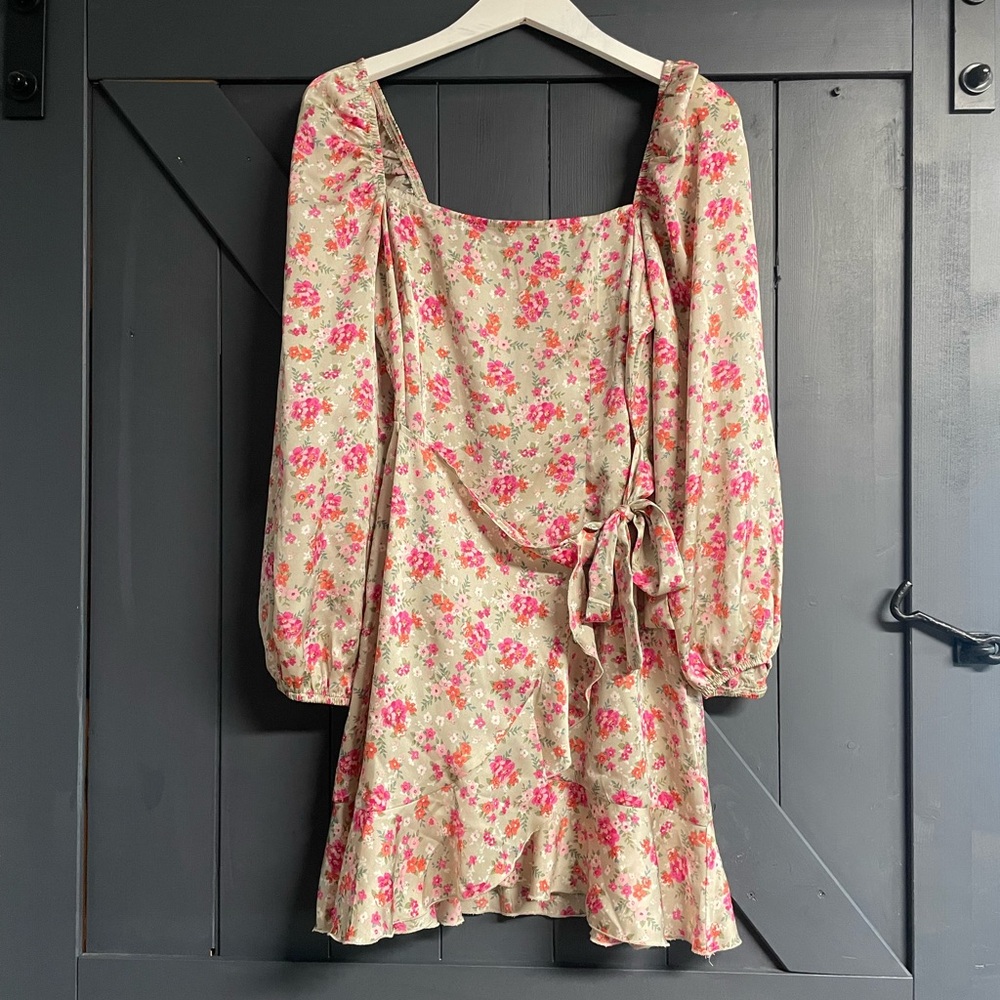 Speechless Cream Floral Long-Sleeve Wrap Dress with Pink Flowers